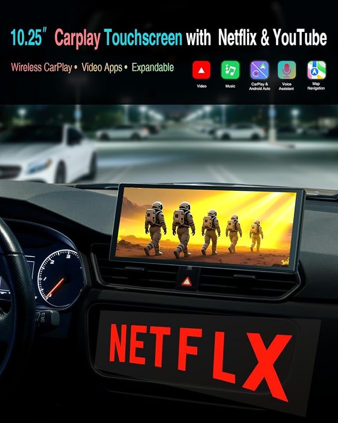 10.25″ CarPlay Screen with Dashcam & Apps, Built-in Google-Play & 6GB+128GB, Portable Android Auto Display 1920x720, Dual 1080P DVR, Wireless Bluetooth, Supports Steering Wheel Controls