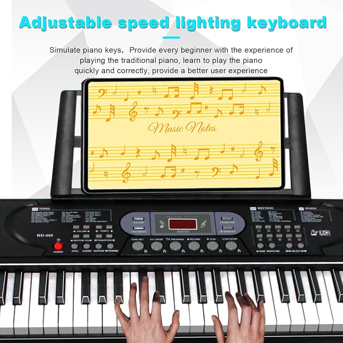 AQNIEGEP 61-Key Electric Keyboard Piano with Lighted Keys, Christmas Gifts, Premium Bundle: Stand, Bench, Mic,Headphones, Music Stand, Stickers, 70 Demos 200 Tones/Rhythms, Beginners/Adults