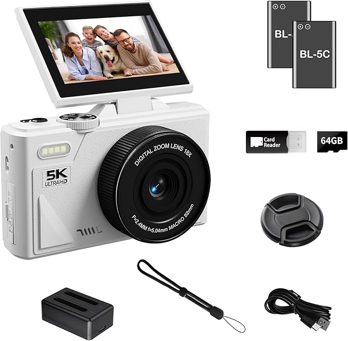 5K Digital Camera for Photography with WiFi, 75MP Ultra HD Vlogging Camera for YouTube with 3" 180° Flip Screen,18X Zoom Autofocus Compact Cameras for Beginners Teens with 64GB SD Card.