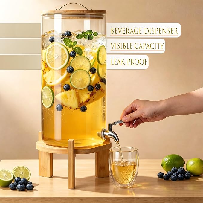 Beverage Dispenser,3Gallon Glass Drink Dispenser with Stand, Stainless Steel Spigot, Ideal for Parties, Bars, Restaurants (11L/3Gallon)
