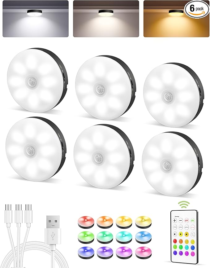 EZVALO Under Cabinet Lighting, 1000mAh Rechargeable Puck Lights with Remote, 3 Color Temps & 12 RGB Motion Sensor Closet Lights Indoor, Dimmable Under Counter Lights for Kitchen (Black, 6 Packs)