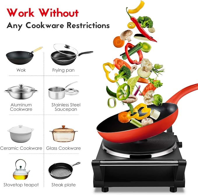 Techwood Hot Plate Portable Electric Stove 1500W Countertop Single Burner with Adjustable Temperature & Stay Cool Handles, 7.3” Cooktop for Dorm Office/Home/Camp, Compatible for All Cookwares