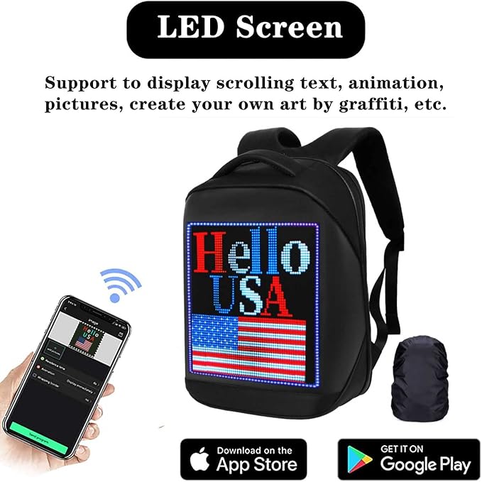 Welaso Smart Bluetooth LED Backpack with Colorful LED Sign Panel and Programmable, DIY Laptop Daypack Bag,Black (Medium 21L,with Rain Cover)