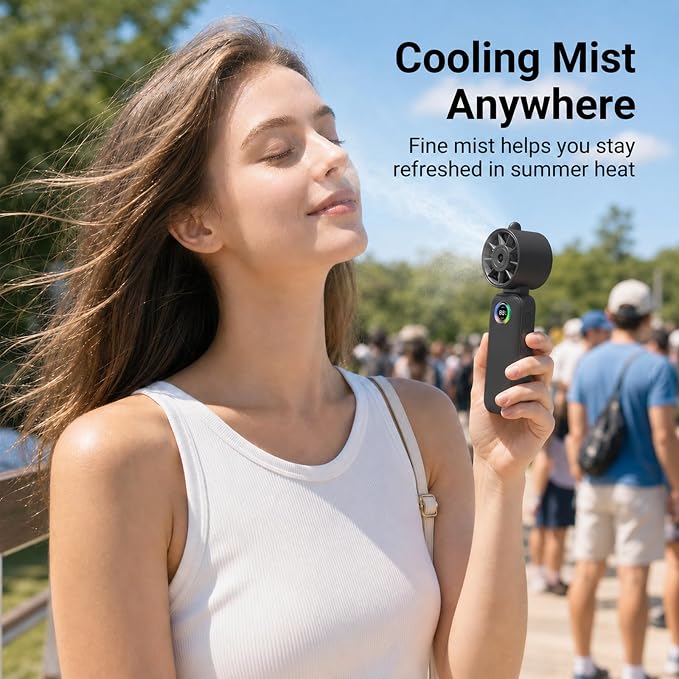 Clip-On Portable Fan with Misting, 4000mAh Up to 12H Battery Life Hand Mini Foldable Fan, 360° Rotating USB Rechargeable Turbo Quiet Stroller Fans for Travel Outdoors and Office Use (Black)