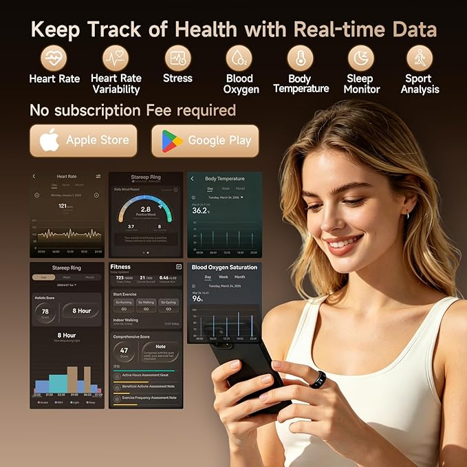 Smart Ring for Women & Men, Fitness & Activity Tracker, Sleep Monitoring, 7-Day Battery Life, 5ATM Waterproof, No Subscription Fee, iOS & Android Compatible (Black, 10)