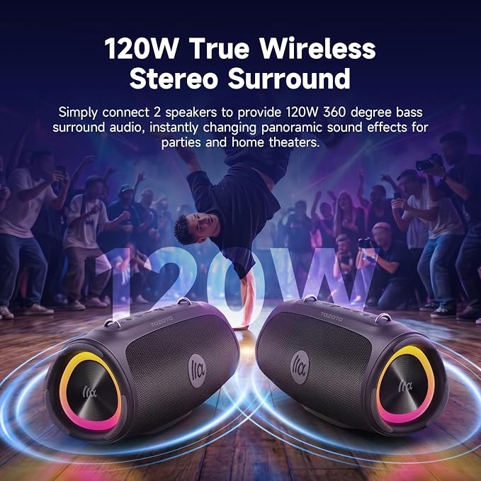 TAZATA Portable Outdoor Bluetooth Speaker, 90W Subwoofer, 100 + Speaker Pairing, BassUp 2.0, IPX7 Waterproof, Floatable, Bluetooth 5.3, RGB Lights, 6 Custom EQ, for Party Beach Pool - Black