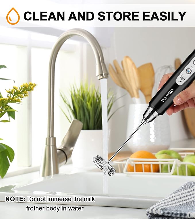 YUSWKO Milk Frother Handheld with 3 Heads, Electric Whisk Drink Foam Mixer with USB Rechargeable 3 Speeds, Mini Frother for Coffee Latte, Cappuccino, Hot Chocolate, Egg