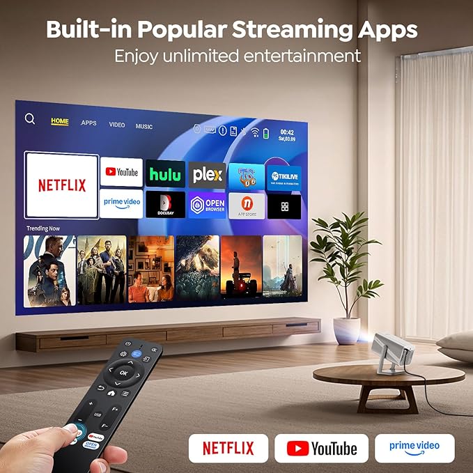 Smart Projector [Built-in Apps/4K Support/2026 Upgraded] with WiFi and Bluetooth, Native 1080P Outdoor Movie Projector, Auto Focus, Dolby Audio, TOPTRO Mini Portable Proyector w/ YouTube/Prime Video