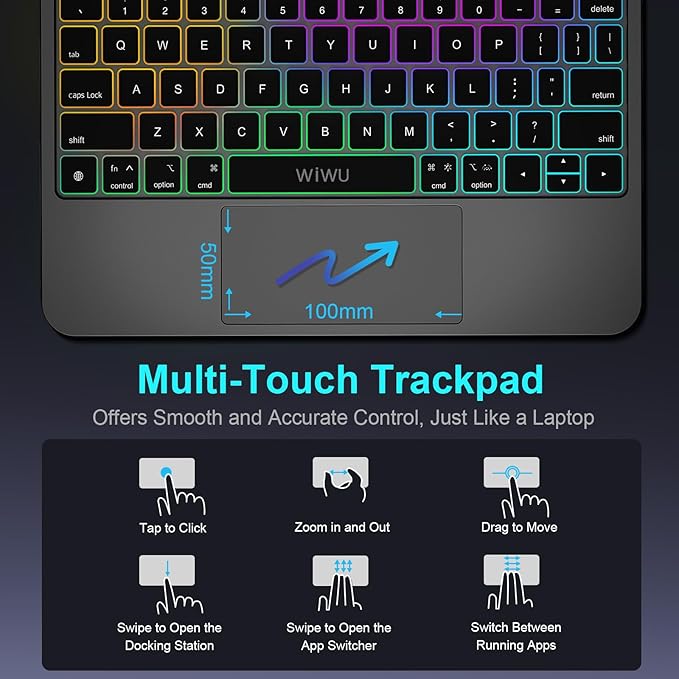 WIWU for iPad Case with Keyboard Air 11 inch (M4 2026/ M3 2025/ M2 2024),Pro 11 inch iPad Keyboard with Trackpad Easy Set Floating Stand 7 Colors Backlight (Air 6/5/4 Pro 11" 4/3/2/1 Gen)