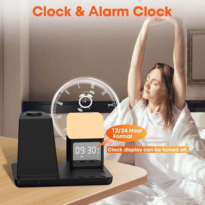 Wireless Charger for Samsung/Android Charging Station, 6 in 1 Fast Watch Charger with Alarm Clock-Night Light, Compatible for Galaxy S25 Ultra/S24, Only for Samsung Watch8/7, Galaxy Buds3 Pro(Jet)