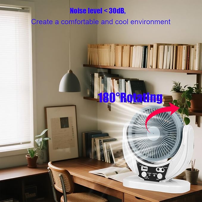 Camping Fan with Solar Panel, Rechargeable Battery Powered Tent Fan with LED Light & Bulbs, Portable Desk Fan for Outdoor Camping, Fishing, Hurricane, Home Emergency
