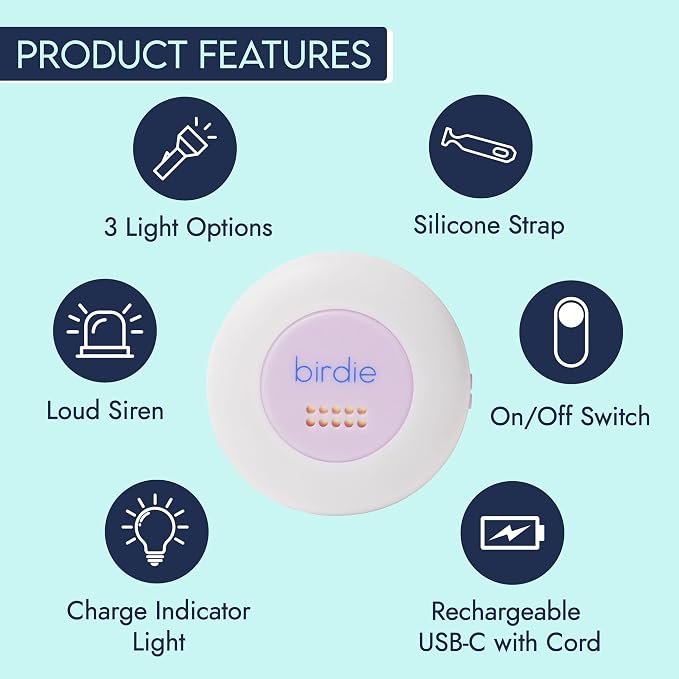 She's Birdie - The Original Personal Safety Alarm Disc for Bikes, Hikes, and Late Nights - Loud Siren, LED Light for Extra Visibility, Rechargeable, Handsfree, Lightweight, Water Resistant (Lavender)