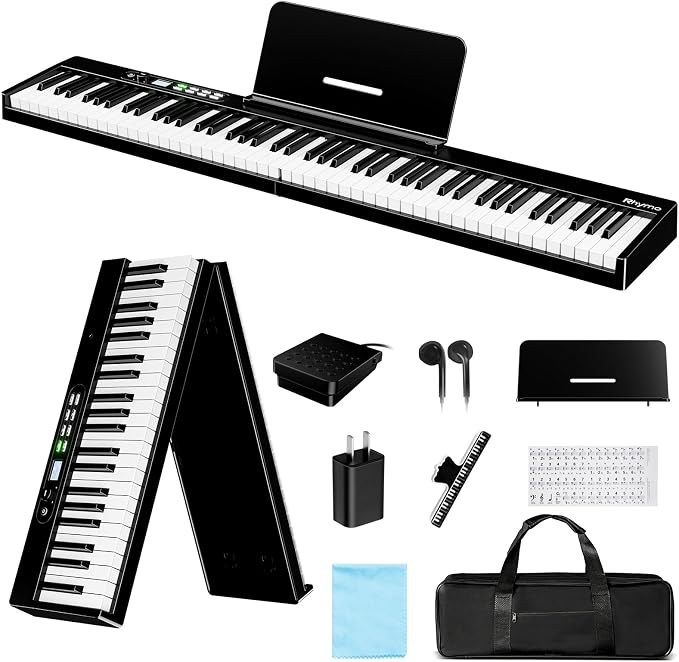 Rhymo 88 Key Portable Piano Keyboard, Semi-Weighted Folding Piano Full Size, Ultra Sound Upgrand Imitation Wood Texture Keyboard w/MIDI Bluetooth LCD Display Screen, Sustain Pedal for Beginners Adult