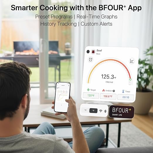 BFOUR Bluetooth Wireless Meat Thermometer with Smart Standalone Base, WiFi Unlimited Range, Dual Probes & 6 Precision Sensors, IP67 Waterproof Meat Probe Thermometer for Smoker, BBQ, Oven, Grill