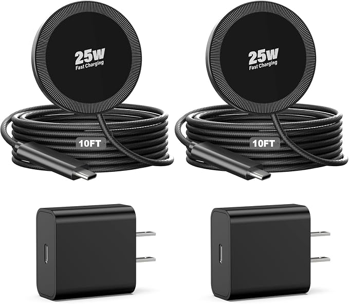 25W Magnetic Wireless Charger, 10FT Fast Charging Pad Wireless Charge for iPhone 17 16 /AirPods3/2/Pro/for Galaxy S26 Ultra/Pixel 10 Series, Portable Charger for Desk& Travel(2Pack,Black)