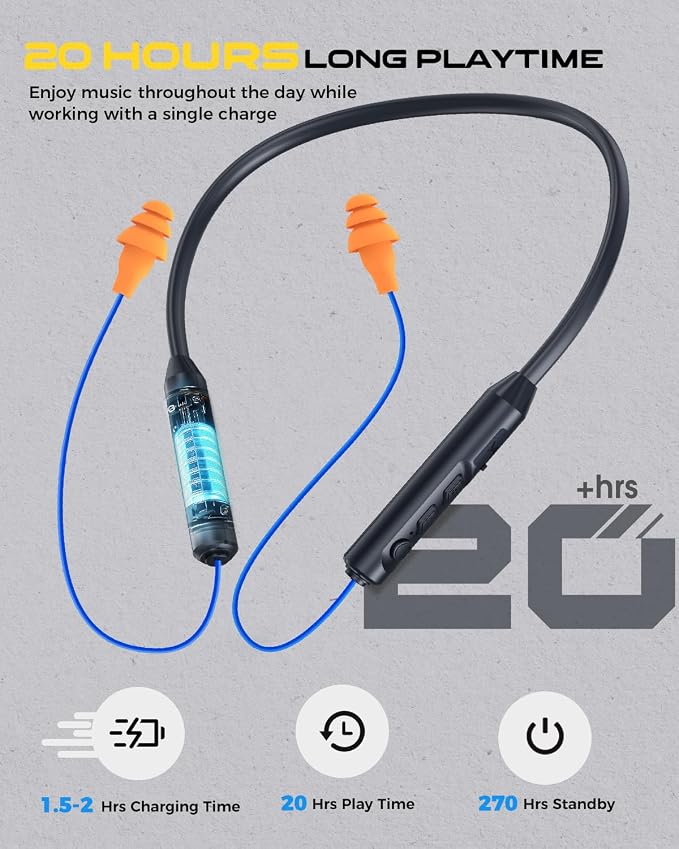 MIPEACE Bluetooth Earplug Headphones, Neckband Wireless Earbuds earplugs-29db Noise Reduction isolating in-Ear earplug Earphones and Controls,IPX6 sweatproof,20+Hour Battery(Blue Orange)