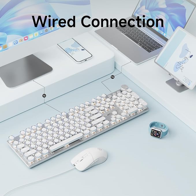 EWEADN Wired Typewriter Keyboard and Mouse Combo, Typewriter Style Mechanical Keyboard,104 Keys Backlit LED Keyboards, Media Control Knob, Wired Keyboard White Switch for Windows/PC-White