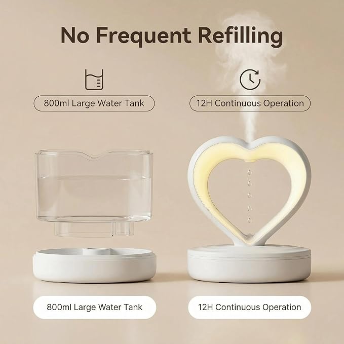 Anti-Gravity Humidifier for Bedroom & Office, 800ml Heart-Shaped Design with Floating Water Droplets, Cool Mist Humidifier for Home, Baby Room and Dry Skin Relief