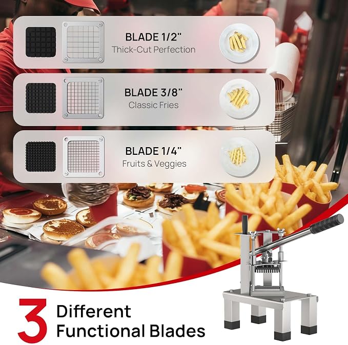 French Fry Cutterr,Professional Potato Cutter Slicer with 3/8", 1/2", 1/4" Stainless Steel Blades Stainless Steel Vegetable Chopper for Potato,Carrot,Cucumber,Onion,Home Use