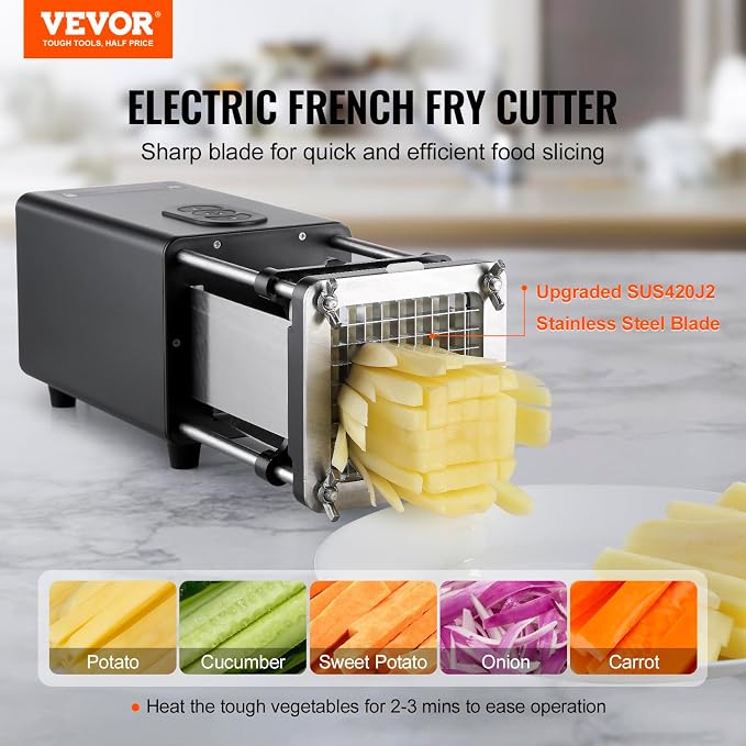 VEVOR Electric French Fry Cutter, Potato Slicer with 1/2-Inch and 3/8-Inch Stainless Steel Blades, Potato Cutter Chopper w/Anti-slip Feet, Great for Potato, French Fries, Cucumber, Vegetables, Carrot