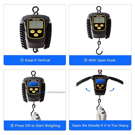 Fish Scale 110lbs/50kg Portable Hanging Fishing Weight Scale Digital Spring Balance Folding Handles Bag Weight Scale Waterproof Hanging Hook Scale with Back-lit LCD Display Fishing Gift for Men