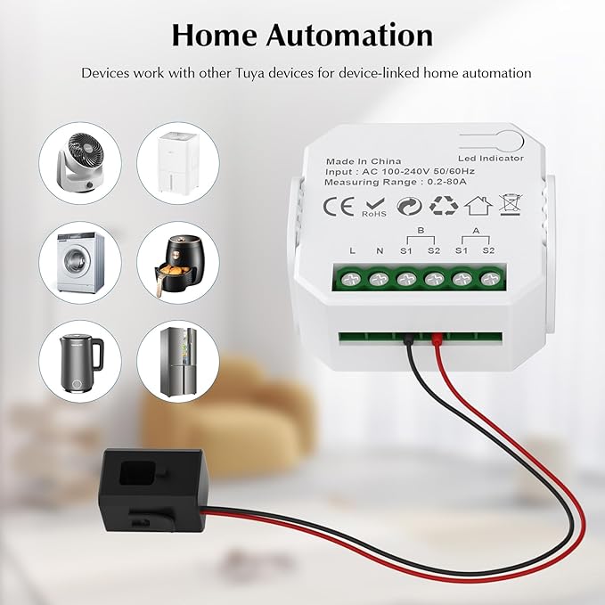 eMylo 1-Channel WiFi Power Meter 80A Smart Energy Monitor, Clamp-on Ammeter, 2.4GHz WiFi, Real-time Monitoring, Smart Life/TUYA APP, Home Power Monitor, Compatible with Alexa and Google Assistant