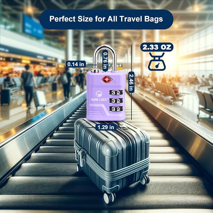 SURE LOCK TSA Approved Luggage Lock – 3-Digit Resettable Combination Padlock with Open Alert Red Dot, Large Easy-Read Dials for Suitcases, Backpacks, Gym & School Lockers(Purple 2 pk)