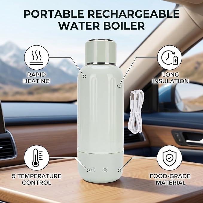 Travel Electric Kettle, 500ml Portable Rechargeable Water Heated with 5 Temperature Control and 5200mAh Battery, for Camping Car Office Travel (Green)