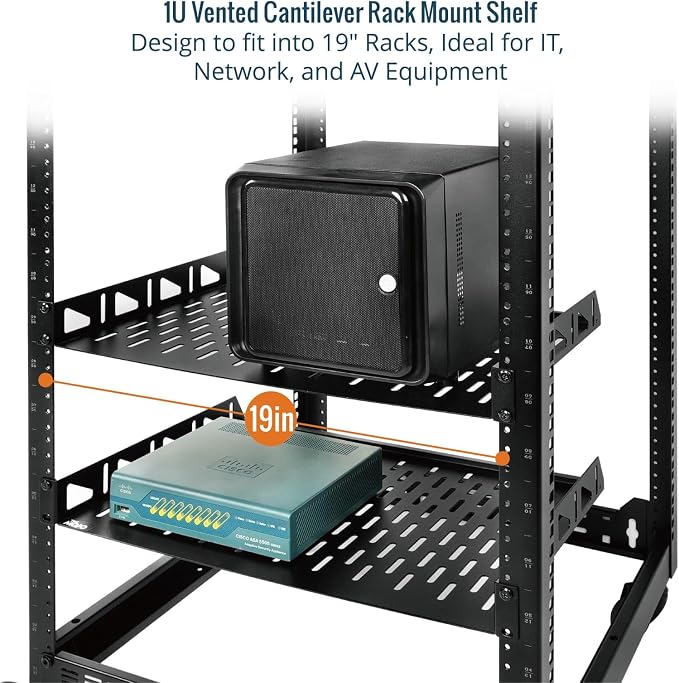 Tecmojo 1U Rack Shelf,19 inch Rack Shelf 12 inch Depth,Rack Mount Shelf with Anti-Slip Stops,Server Rack Shelf and Network Shelf for 19 in Equipments, 55lbs Capacity of Vented 1U Shelf,No Lip(2 Pack)