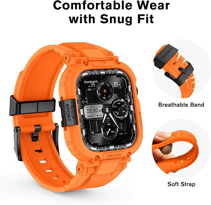 amBand Compatible with Apple Watch Series 11/10 42mm Bands Case for Men Women, M1 Sport Rugged Heavy Duty Protective Cover Tactical Strap Military Protector Bumper for iWatch Accessories - Orange