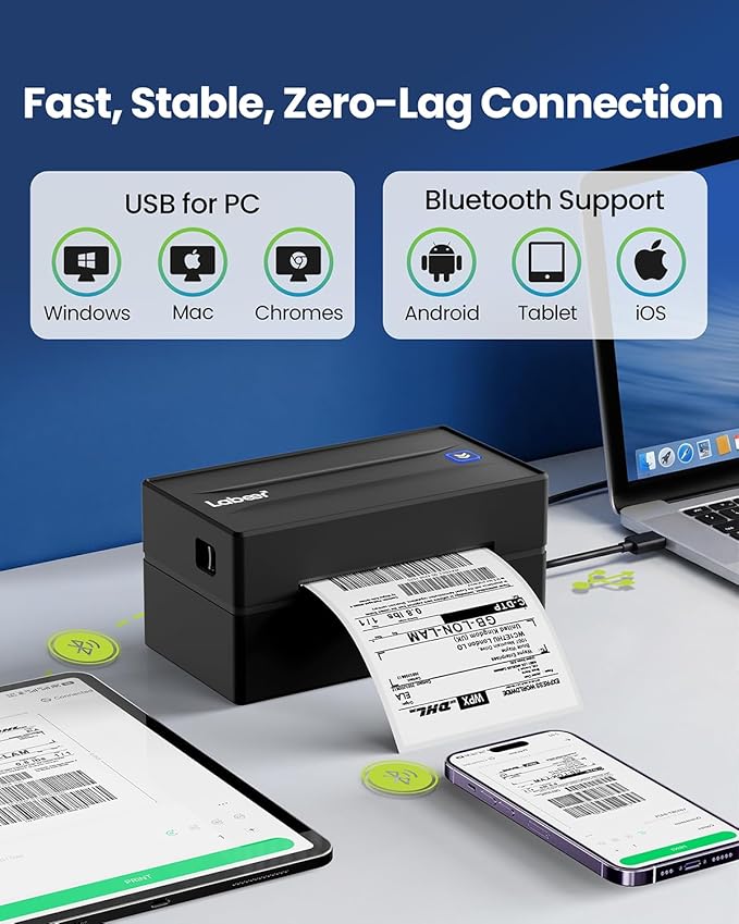 Labeer Thermal Shipping Label Printer with Holder, 4x6 Wireless Bluetooth Shipping Label Printer for Small Business, Compatible with iPhone, Android, Windows, Mac, Chromebook, USPS, Shopify