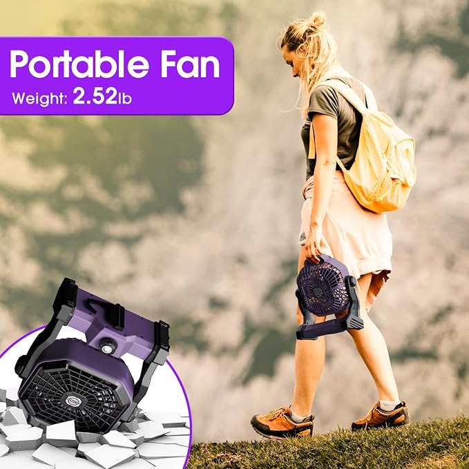 JINLICTE Portable Camping Fan, Rechargeable Battery Powered Tent Fans for Camp Hanging, [13-60Hrs Runtime], 9 Inch, Stepless Speed, Powerful&Quiet, for Picnic, Barbecue, Fishing, Travel, Home, Tent