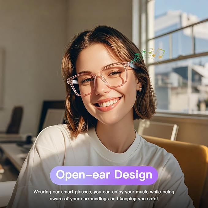 Smart Glasses for Women, Open Ear Audio Bluetooth glasses with Speakers & Mic, Anti-Blue Light Lenses, Voice Assistant, Touch Control, IPX5 Waterproof, Hands-Free Calls & Music Glasses Headphones