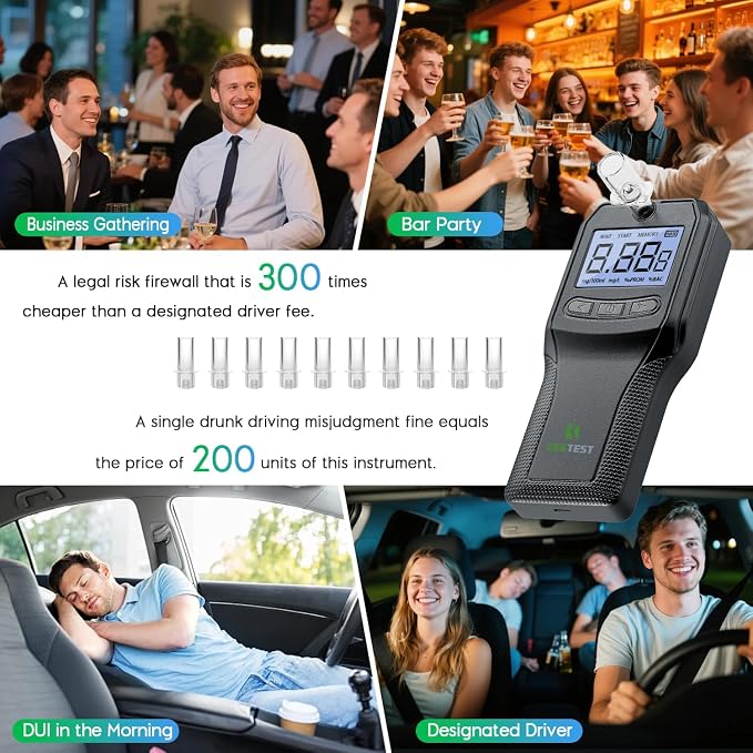 Breathalyzer, Alcohol Tester with Fuel Cell Sensor, Police-Grade Alcohol Breathalyzer Tester for Home Health Use, with 10 Mouthpieces (Black)