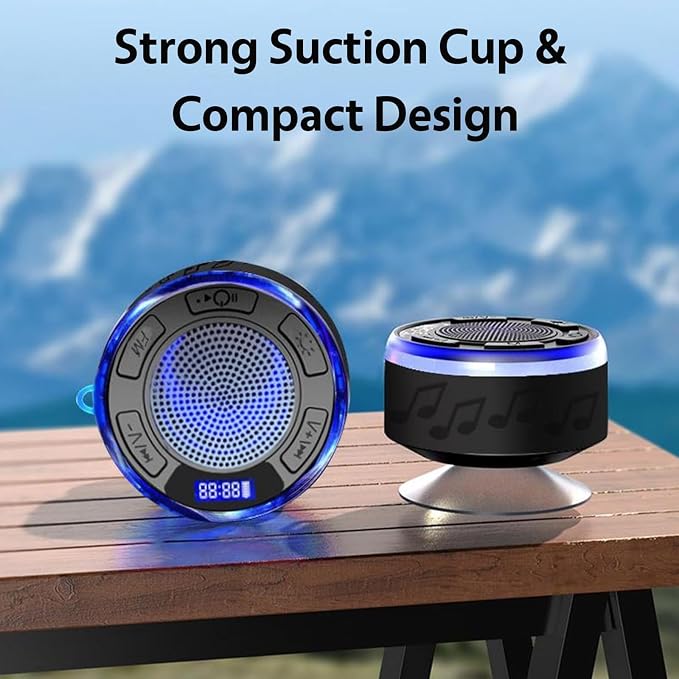 IPX7 Waterproof Shower Speaker with Colorful RGB Lights & LED Display, Detachable Suction Cup, 360° Balanced Sound - Perfect for Bath, Pool, Party & Outdoor (Black)