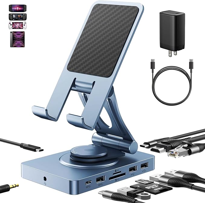 Versatile USB C Docking Station for iPad (USB-C), 11-in-1 with SD TF 4.0 Reader, 4K@60Hz HDMI, RJ45, Audio, USB A, USB c, Rotatable, Also for Tablet, Steam Deck, ROG Ally, Legion Go, with 65W Adapter