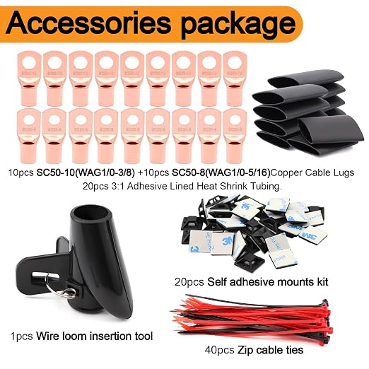 40FT 0 Gauge Wire,1/0 Battery Cable Copper Clad Aluminum for Winch,Reducer,Starter,Solar Power,DC Wiring,W/ 40 Feet PET Cable Sleeve,20pcs Connectors Lugs and 3:1 Heat Shrink Tube