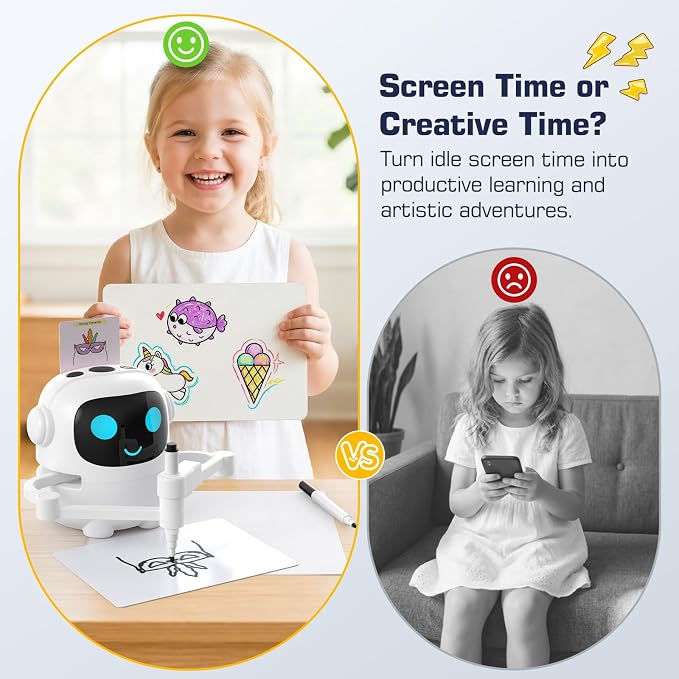 Drawing Robot for Kids, 200 Cards Voice Interactive Educational Toy for 3 4 5 6 7 8 Year Old Boys and Girls. Montessori Painting Learning Robot with Music, Party Birthday Gifts