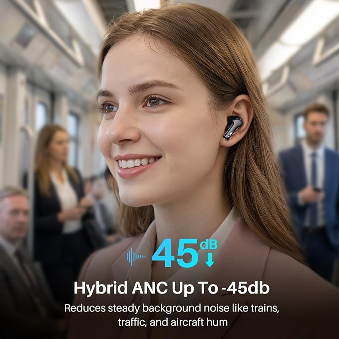 TOZO Hybrid Active Noise Cancelling Wireless Earbuds with 6 Mics AI Clear Call Ear Buds 68H Playtime with LED Display 32 Preset EQs via APP Bluetooth 5.3 IPX8 Waterproof in Ear Headphones