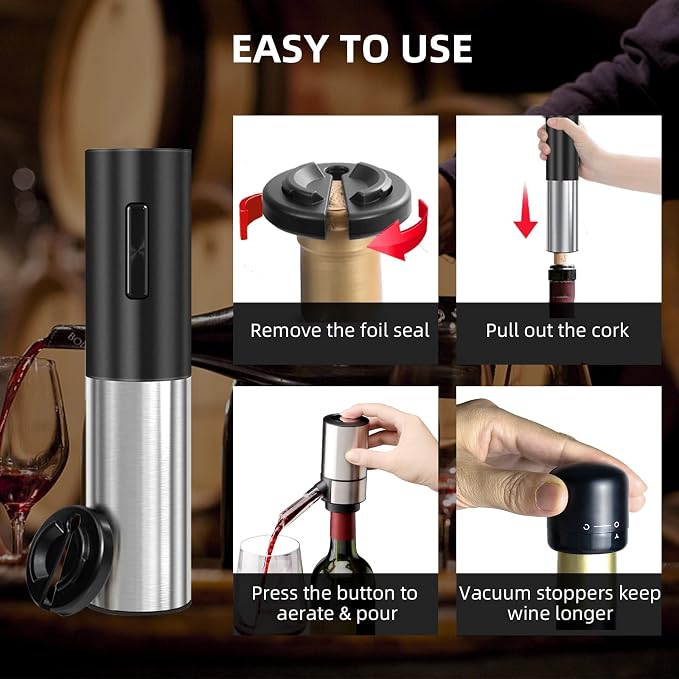 Wine Gifts-Electric Wine Opener and Aerator Set-Wine Dispenser Battery Operated, Rechargeable Wine Bottle Opener & Pourer with Foil Cutter, Vacuum Stoppers,Black Set