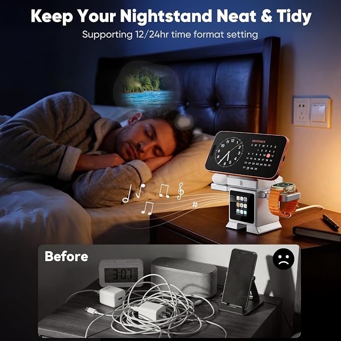 Robot 7-in-1 Wireless Charging Station, Qi2.2 25W Magnetic Rotating Charger for iPhone 17-12 Series, iWatch, AirPods, Bluetooth Speaker, Alarm Clock with LCD Display, Desk Organizer & Decor, Sliver