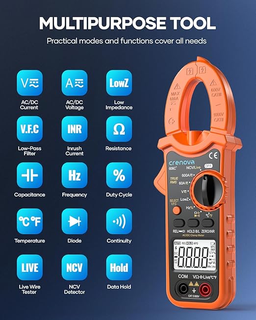 Crenova Clamp Meter Multimeter 6000 Counts TRMS Electrical Tester for AC/DC Current/Voltage,Resistance,Capacitance,Frequency,Duty Cycle,Temperature,Continuity,Diode,NCV for Industrial & Home Use