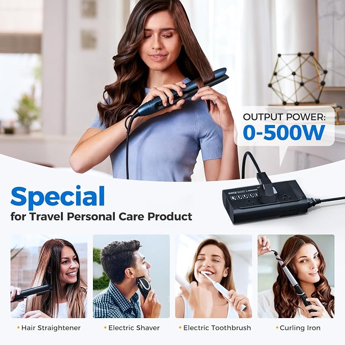 500W Pure Sine Wave Voltage Converter US to Europe, 220V to 110V Converter for European Travel, Power Converter Adapter Combo PD for CPAP Hair Straightener Cruler Shaver Toothbrush Laptop Camera Phone