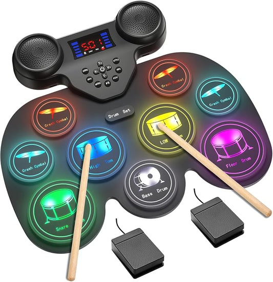 Electric Drum Set with 7 Colorful LED Light Patterns, Enhanced Rebound Feel, 9 Pads, Bluetooth MIDI, Dual Speakers for Kids and Adult Beginners