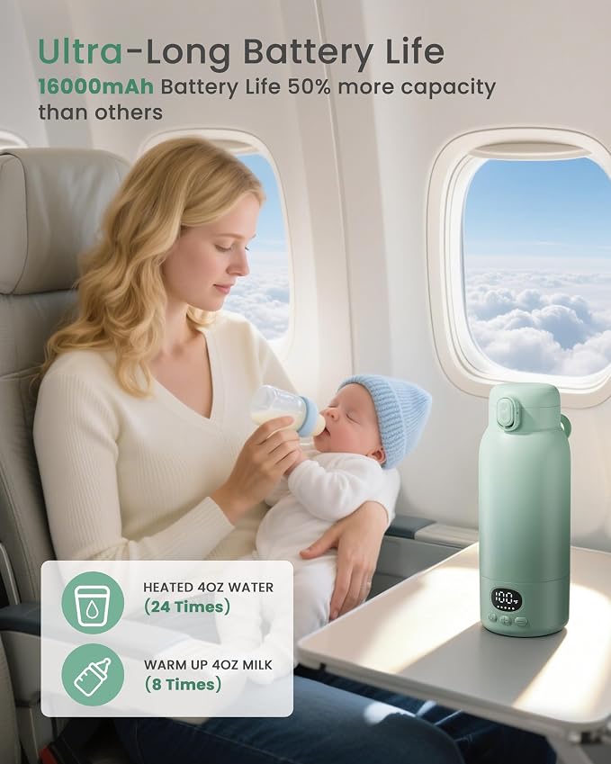 Portable Bottle Warmer - Dual Heating Modes for Breast Milk & Water, 17 Ounces, Fast Heating, Long Lasting Battery, Ideal for Travel, Outdoor, Baby Shower, Light Green
