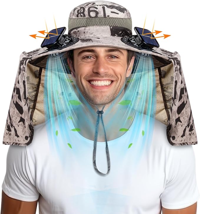 Chuarry Wide Brim Sun Hat with 2 Solar Fans and Neck Flap Outdoor Solar Powered USB Charging Bucket Fishing Hat for Men Women