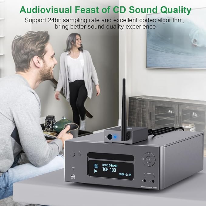 1Mii 2.4GHz (1 TX + 2 RX) Wireless Audio Transmitter and Receiver Set | 20ms Ultra Low Delay with RCA In/Out, 320FT Long Range for TV PC CD Player Powered Speaker, 2 Receivers for 2 Powered Speaker