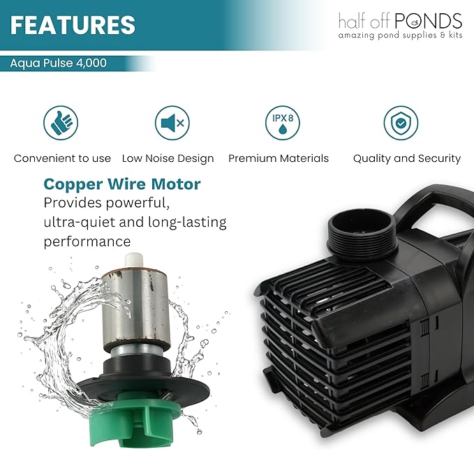 Aqua Pulse Submersible Pond Pump, 4,000 GPH, 33 ft Cord | 21 ft max head, 276W energy efficient, Ultra quiet, For koi ponds, Waterfalls, Fountains