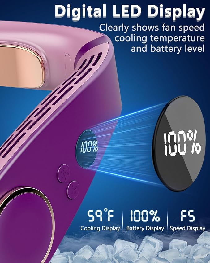 Neck Fan Air Conditioner,Cute Neck Cooling Fan with Metal Cool Plates,Quiet Wear around the Neck Fan,Headphones Long Life Neckband Unit Menopause Fan for Hot Flash Outside Outdoor Indoor Purple