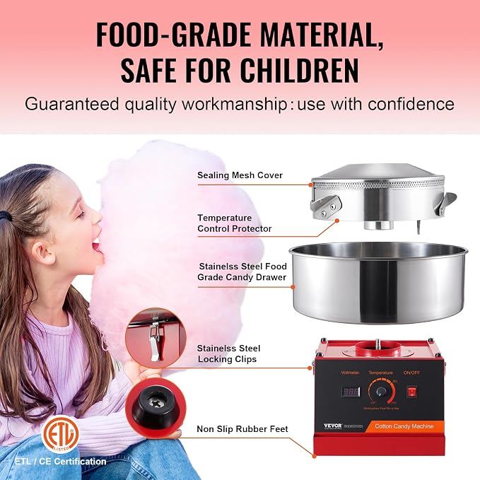 VEVOR Cotton Candy Machine Commercial, 1000W Electric Floss Maker with Stainless Steel Bowl, Sugar Scoop, Storage Drawer, Perfect for Home, Carnival, Kids Birthday, Family Party, Red